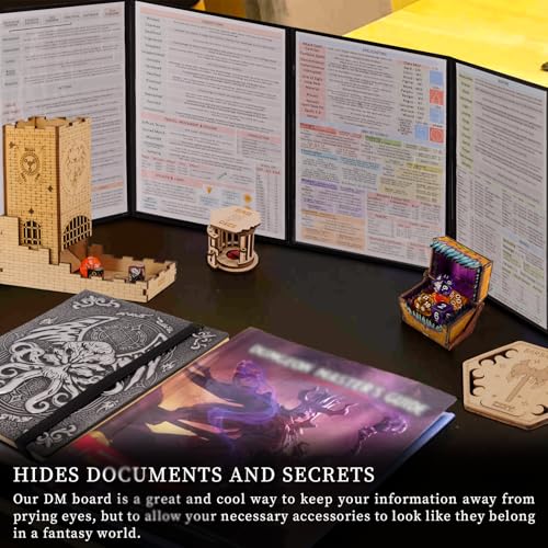 CZYY Faux Leather Dungeon Master Screen, 4-Panel DM Screen with Pockets | 3D Embossed Cover, 4 Erasable A4 Sheet Pockets, Reference Inserts & Felt Case Included, For RPG Sessions & Game Nights