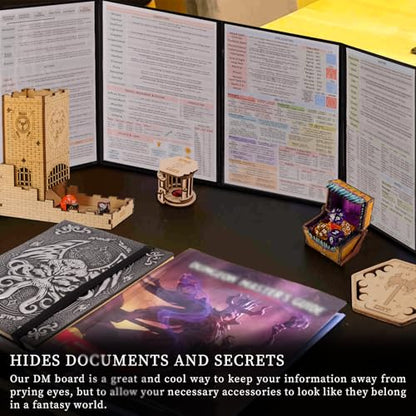 CZYY Faux Leather Dungeon Master Screen, 4-Panel DM Screen with Pockets | 3D Embossed Cover, 4 Erasable A4 Sheet Pockets, Reference Inserts & Felt Case Included, For RPG Sessions & Game Nights