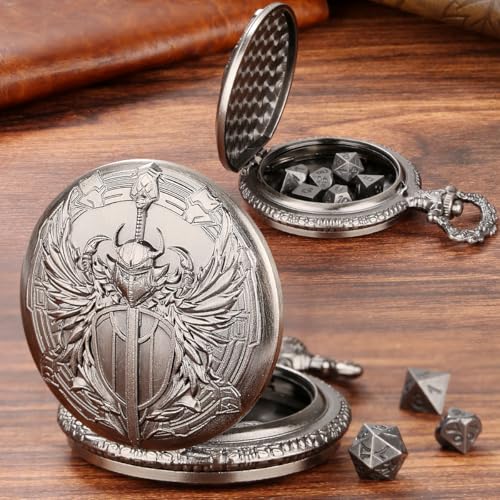 Mini DND Dice Set with Steampunk Paladin Pocket Watch Shell Case, DND Starter Set, 7pcs Polyhedral Mini Metal Dice Set, DND Gifts with Gift Bag, Role Playing Board Game Accessories, Silver - color: Dark Silver