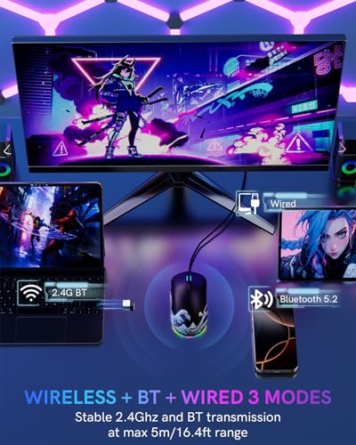 G57 Wireless Gaming Mouse, 8000 DPI, 80g, 2.4G/Bluetooth/USB-C Rechargeable Wireless Mouse with 5 Programmable Buttons for PC/Mac, Black - color: Black