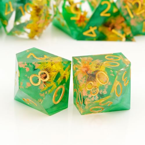 Haxtec Flower DND Dice Set, Green Sharp Edge Resin Polyhedral Dice | Floral D&D Dice with Metal Case, Handmade Flower Inside, Dungeons and Dragons, TTRPG DND Gifts - color: Green