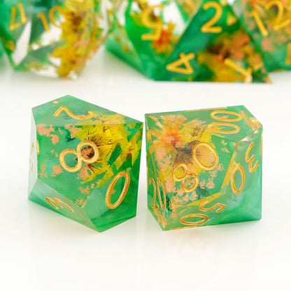 Haxtec Flower DND Dice Set Sharp Edge Resin Polyhedral Dice, Floral D&D Dice with Metal Case, Handmade Flower Inside Dice Set for Dungeons and Dragons TTRPG, Spring Pearl Green DND Gift - color: Green