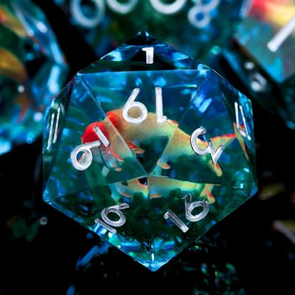 Moss and Koi Fish DND Dice Set - 7Pcs Sharp Edge Resin Polyhedral Game Dice for D&D RPG - Includes D20, D12, D10, D8, D6, D4 - Moss Agate Fish Design(Blue) - color: Blue