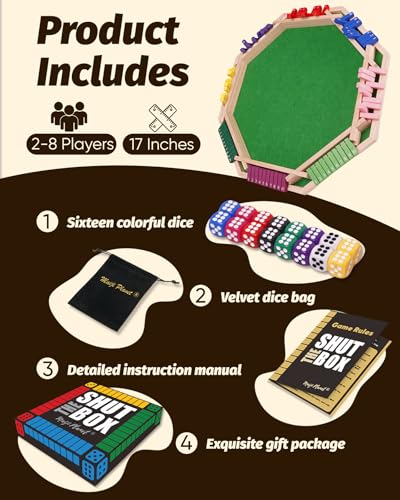 Deluxe Original Shut The Box Game Wooden Math Dice Board Game 2-8 Players | Table Games for Family Night Classroom Travel, Gifts for Group Kid Adult Senior, Camp Party Bar, Easy Quick and Fun - size: 8P