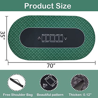 70 x 35 Inch Texas Hold'em Poker Mat for Table, Portable Poker Table Top with Smooth Premium Surface, Noise Reduction, and Carrying Case for Professional Poker Games Casino Games - color: 70 X 35 Inch Oval Green