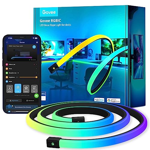 Govee RGBIC Neon Rope Lights for Desks, 16.4ft LED Gaming Desk Lights | Neon LED Strip Lights Syncing with Razer Chroma, Support Cutting, Smart App Control, Music Sync, Adapter (Only 2.4G Wi-Fi) - size: 16.4ft