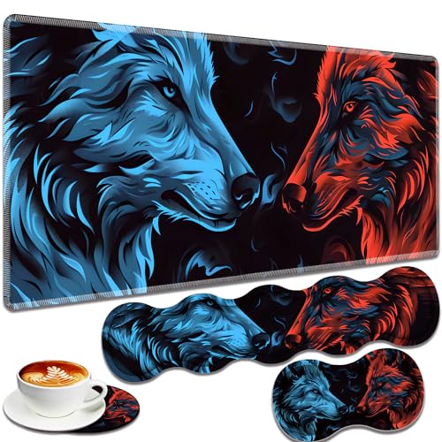 Large Gaming Mouse Pad + Keyboard Wrist Rest + Wrist Support + Coaster Set, Memory Foam Ergonomic for Easy Typing, XXL Extended Gaming Mouse Pad Table Pad - Flame Double Wolf - color: Flame Double Wolf
