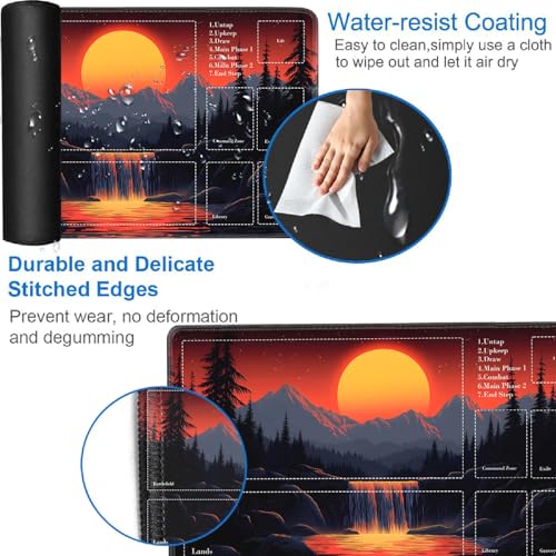 for MTG Card Playmat with Zones-Includes A Storage Bag and 6 Dice, 24 x 14 inches for TCG Playmat with Non-Slip Rubber, Game Mat, Sunset Mountain Waterfall - color: Yux-playmats-2-2A-273