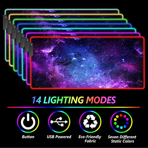 DINKY RGB Gaming Mouse Pad, Large Extended Soft Led Mouse Pad with 14 Lighting Modes, Water Resist Keyboard Pad, Computer Keyboard Mousepads Mat 31.4×11.8 inches- Purple Nebula - color: 01, size: 11.8" x 31.4"