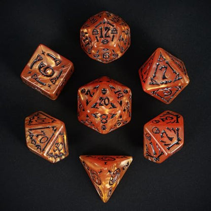 7-Die DND Dice Set Scary Pattern Polyhedral Dice Set with Leather Bag, Skull Dice D&D Dice Set for RPG Table Games.(Scary Pattern-Orange/Black Number) - color: Halloween Pattern-orange/Black Number