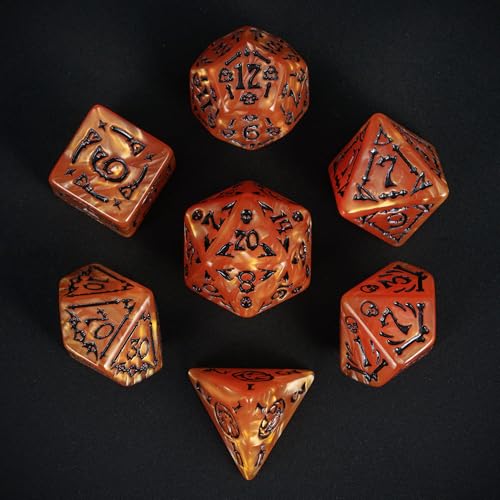 7-Die DND Dice Set Scary Pattern Polyhedral Dice Set with Leather Bag, Skull Dice D&D Dice Set for RPG Table Games.(Scary Pattern-Orange/Black Number) - color: Halloween Pattern-orange/Black Number