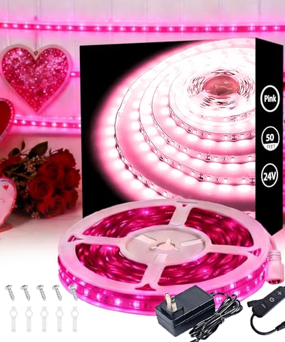 Pink 50 Feet Led Lights Strip Valentines Day Decor Rope Lights Easy DIY Princess Bedroom Cuttable Strip Lights for Baby Room Bathroom Living Room Kitchen Ceiling Wall Vanity Mirror Decoration - color: Pink, size: 50 FT