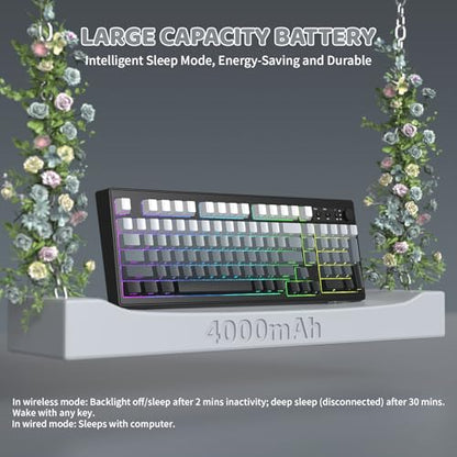 FREEWOLF K100 99 Keys Gaming Creamy Silent Wireless Keyboard with Media Knob,BT/2.4GHz/USB-C,Side Printed Keys RGB Backlit Number Pad,Retro Cute Membrane Computer Keyboard for PC/MAC-Gradient Black - color: Gradient Black