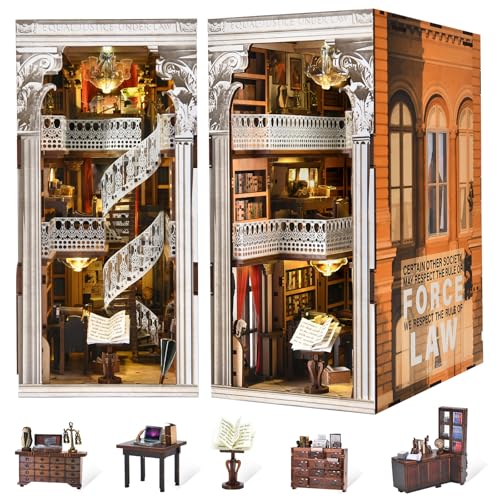 MiniCity Book Nook Kit, DIY Dollhouse Booknook, Book Nook Miniature Kit for Bookshelf Insert Decor Crafts for Adults Teen Halloween, 3D Wooden Puzzle with Led Light (Law Library) | 550-piece wood/paper/plastic kit with LED and dust cover; glue/tools inclu