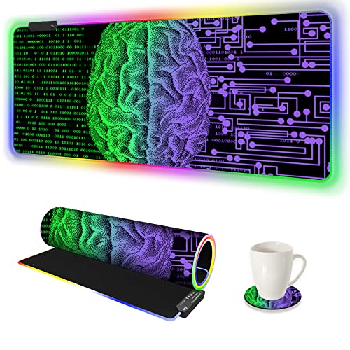 AIMSA Large Gaming Mouse Pad RGB, Keyboard Led Mousepad Extended 35.4 x 15.8 inch Non-Slip Rubber Base with 14 Lighting Modes, Big Desk Mat Waterproof, Technology Brain - color: Technology Brain