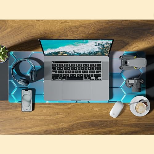 Gaming Mouse Pad,Honeycomb Hexagon Desk Mat,31.5""X15.7"" Large Desk Pad with Stitched Edge Non-Slip Base Keyboard Big Mouse Pad for Office Home Work Gaming-Blue, WDQ-D01 - color: Neon Hexagon