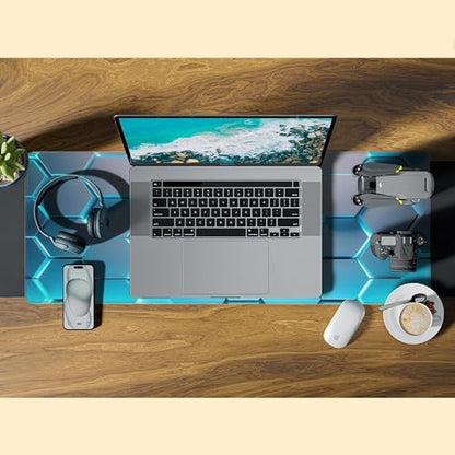 Gaming Mouse Pad,Honeycomb Hexagon Desk Mat,31.5""X15.7"" Large Desk Pad with Stitched Edge Non-Slip Base Keyboard Big Mouse Pad for Office Home Work Gaming-Blue, WDQ-D01 - color: Neon Hexagon