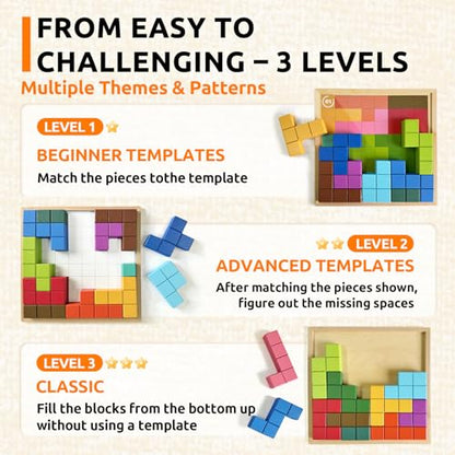 Wooden Memory Matching Game for Adults with Dementia, 13 Pieces | 20 Double-Sided Cards, 40 Patterns, 3 Levels, 8.27 x 8.27 in Board, Easy-Grip Sanded Tiles, Divided Storage Bag