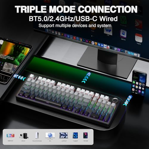 AULA F99 Pro Wireless Mechanical Keyboard with Knob,Gasket Structure,Tri-Mode BT5.0/USB-C/2.4GHz Hot Swappable Keyboard,Creamy Sound,RGB Backlit PBT Keycaps Computer Gaming Keyboards - color: With Knob-Side Prined-Black