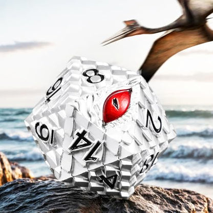 1 die Metal D20 DND Dice - Dragon Scale Metallic 20 Sided Giant Polyhedral Dice,35mm Large Dragon Eye Metal D&D Dice for Dungeons and Dragon Tabletop Game(White Dragon Scale) - color: White Dragon Scale