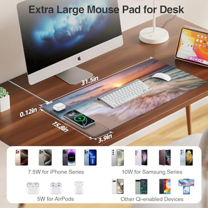 Wireless Charging Mouse Pad, 31.5"x15.8" in, Beach Sunset | Anti-Fray Stitched Edges, Waterproof Premium Textured Surface, Non-Slip Rubber Base, with 20W PD Adapter - color: Sunset Beach-31.5"x15.8"(with Wall Charger)