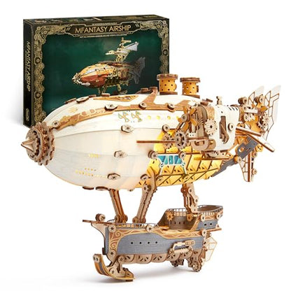FUNPOLA LED 3D Wood Puzzle Fantasy Airship Model - Steampunk DIY Craft Kit with LED Lights – Intricate Wooden Airship Model Building Set for Adults(White) - color: White