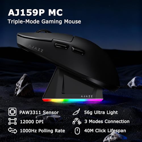 AJ159P MC Wireless Gaming Mouse, 12000 DPI, Tri-Mode 2.4G/Bluetooth/Wired, Magnetic RGB Charging Dock, 56g Ultra-Light, Programmable 6 Buttons - Perfect for Gaming, Work & Travel (Black) - color: Black