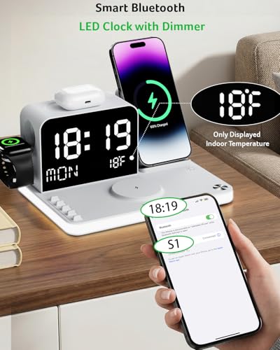 Acer 7-in-1 Wireless Charging Station with LED Clock - 30W Fast Wireless Charger for iPhone 16/15/14/13/12/Pro Max, Apple Watch, AirPods - Bluetooth Auto Time Sync & Night Lights (White) - color: White