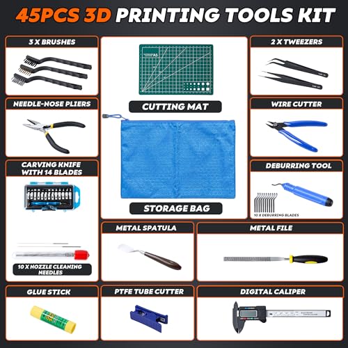 45 Pcs 3D Printer Tool Kit, Cleaning, Finishing, Measuring, Support Removal | Includes Deburring Tool, Digital Caliper, Carving knife, Wire Cutter, Cutting Mat, Brushes, Storage Bag, and more