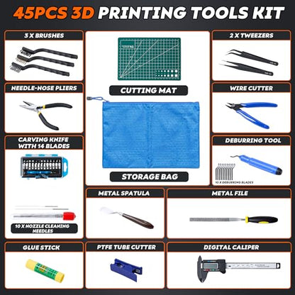 45 Pcs 3D Printer Tool Kit, Cleaning, Finishing, Measuring, Support Removal | Includes Deburring Tool, Digital Caliper, Carving knife, Wire Cutter, Cutting Mat, Brushes, Storage Bag, and more