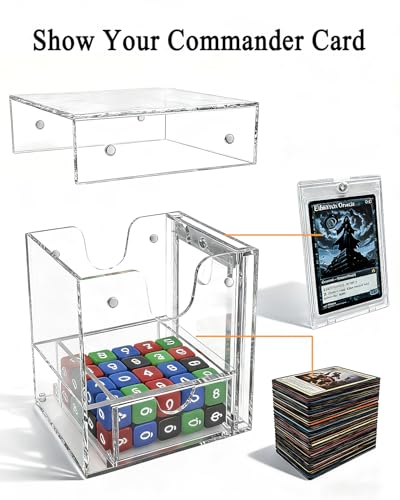Card Deck Box Compatible with MTG Commander Acrylic Commander Deck Box with Commander Card Display - Holding 100 Double Sleeved Cards Dice Tray 2 Dividers - Clear