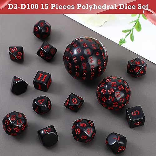 Civaner 15 Pcs Complete Polyhedral Dice Set D3-D100 Spherical RPG Dice Set in Opaque Black, 100 Sides for Role Playing Table Games Party Supplies(Black and Red) - color: Black and Red