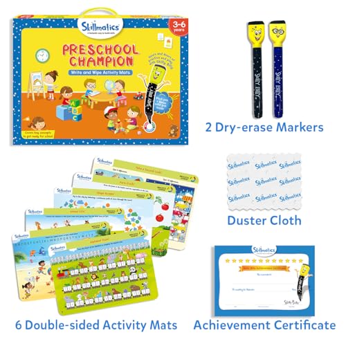 Skillmatics Educational Game : Preschool Champion | Reusable Activity Mats with 2 Dry Erase Markers | Gifts & Preschool Learning for Ages 3-6 | Write and Wipe Boards with 2 Dry Erase Markers, Learning & Travel Toy, Screen-Free, Gift for Kids Ages 3, 4, 5,