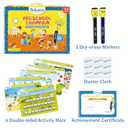 Skillmatics Educational Game : Preschool Champion | Reusable Activity Mats with 2 Dry Erase Markers | Gifts & Preschool Learning for Ages 3-6 | Write and Wipe Boards with 2 Dry Erase Markers, Learning & Travel Toy, Screen-Free, Gift for Kids Ages 3, 4, 5,