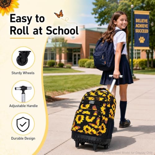 3Pcs Rolling Backpack for Girls Women, Travel Roller Backpacks with Wheels for Adults, Teens College Sunflower Wheeled Bookbag with Lunch Box(Yellow) - color: Sun Flower