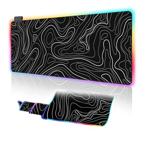 UJoowalk RGB Gaming Mouse Pad, Topographic Large, LED XL Keyboard and Mouse Pad, Desk Mat, 31.5 x 11.8 in, Black Minimalist Line Desk Pad - color: T-0 Rgb, size: 11.8x31.5''