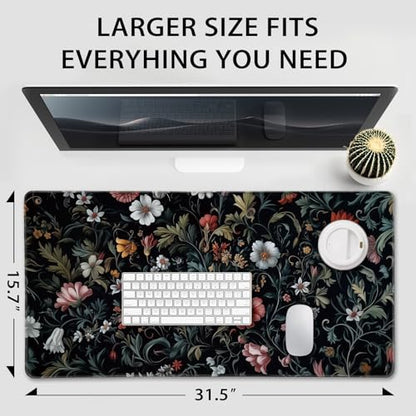 Dark Floral Pattern Large Gaming Mouse Pad Desk Mat 31.5"x15.7" | Extended Mousepad, Non-Slip Rubber Base , Stitched Edges, for Computer/Laptop/Office/Home - color: Dark Floral Pattern