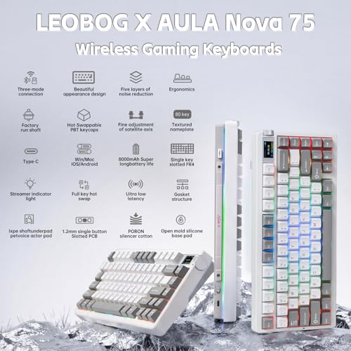 X Aula Nova75 Mechanical Gaming Keyboard,75% Compact Wireless Keyboard with Screen & Knob,Gamer for Pre-lubed Switches 8000mAh Computer Keyboards,RGB Backlit,Custom Hot Swappable,BT/2.4GHz/USB-C - color: Black&White&Grey