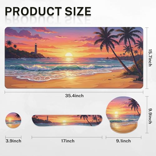 Britimes Beach Sunset Keyboard Mouse Pad Set Tropical Coastal 4in1 Large Mousepad+Keyboard Wrist Rest+Mouse Wrist Rest+Coaster Ergonomic Design for Home Office Computer 35.4x15.7 inches - color: Beach Sunset