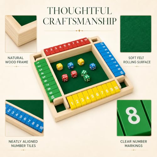 Shut The Box Game, 4 Player Wooden Square Board with 8 Dice Set | 4-player Shut The Box wooden square math board with 8 dice for adults,family nights, parties and pub tabletop strategy play. - color: 1-4 Players
