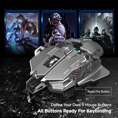 EWEADN G5 Wired Gaming Mouse with Adjustable Tail, 12800 DPI Programmable Computer Mouse with RGB Backlit, 9 Macro Buttons, Rapid Fire Key & Aluminum Base Ergonomic PC Mice for Laptop, PC-Grey&White - color: Black&Grey