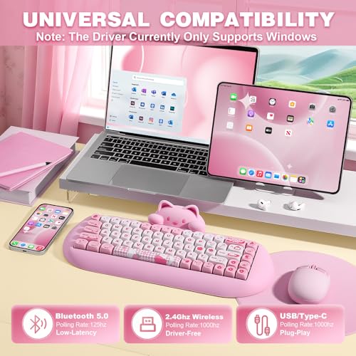 YUNZII C68 Silicone Cute Cat Mechanical Keyboard (Pink, Milk Switch) | Wireless Triple Mode BT5.0/2.4G/Wired, RGB Backlit NKRO, Cute Cat Silicone Ergonomic Design for Win/Mac - color: Pink, size: Milk Switch