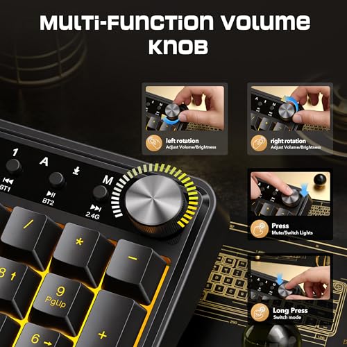 Redragon RM104 Wireless Gaming Keyboard with Knob, Tri-Mode BT/2.4G/USB-C RGB Computer Keyboards, 4000mAh Battery, Programmable Software Support, Anti-Ghosting, Compatible with PC Mac - color: Grayish Black