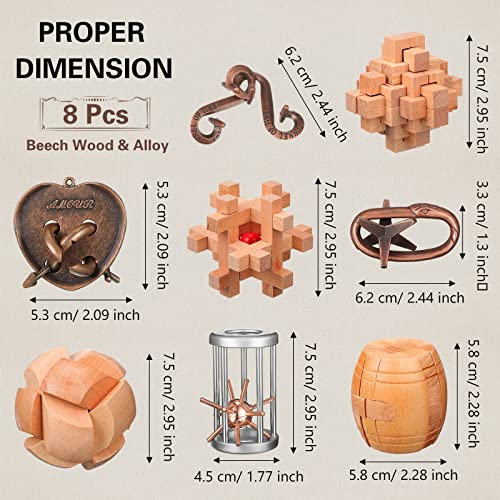 Wettarn 8 Pcs Brain Teaser Puzzles for Adults Logic Wooden Brain Teasers Mind Puzzles and Metal Puzzle Fidget Fun Educational IQ Games 3D Unlock Interlock for Adults Gift
