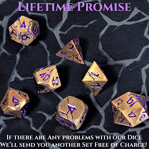 Metal Dice for DND - Ancient Cracked Pharaoh Ruins - Gold Purple Cracks | Beautiful 7pc Polyhedral Dice Set, Smooth Rolling, Role Playing Games (RPG), Compatible with D&D, for Dungeons and Dragons - color: Ancient Dark Gold Purple