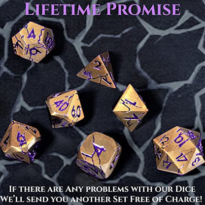 Metal Dice for DND - Ancient Cracked Pharaoh Ruins - Gold Purple Cracks | Beautiful 7pc Polyhedral Dice Set, Smooth Rolling, Role Playing Games (RPG), Compatible with D&D, for Dungeons and Dragons - color: Ancient Dark Gold Purple