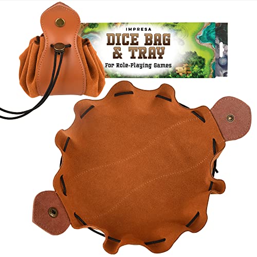 Impresa Dice Bag & Dice Rolling Tray - 10-Inch Brown Cowhide Leather - Leather Tray & Drawstring Bag