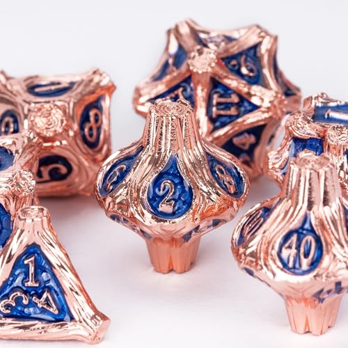 Metal Dice Set D&D Polyhedral Metal DND Dice Blue for Tabletop Games | Leather Storage Bag, DM Gift, for Dungeons and Dragons Role Playing Games - color: Metal Tree-copperblue
