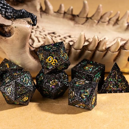 UDIXI Sequins Metal Dice Set D&D Dragon Metal DND Dice for Tabletop Games | 7-Pieces, Dragon Carved, Chain-edge Design, Metal Gift Box, DM Gift, for Dungeons and Dragons Role Playing Games - color: Chain Frame-green Purple Sequins