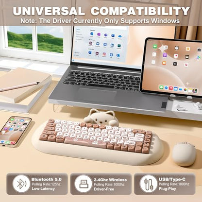 YUNZII C68 Wireless Mechanical Keyboard,65% Layout,Hot Swap,Triple Mode BT5.0/2.4G/Wired, RGB Backlit NKRO,Cute Cat Silicone Ergonomic Design for Win/Mac (Brown, Milk Switch) | Wireless Triple Mode BT5.0/2.4G/Wired, RGB Backlit NKRO, Cute Cat Silicone Erg